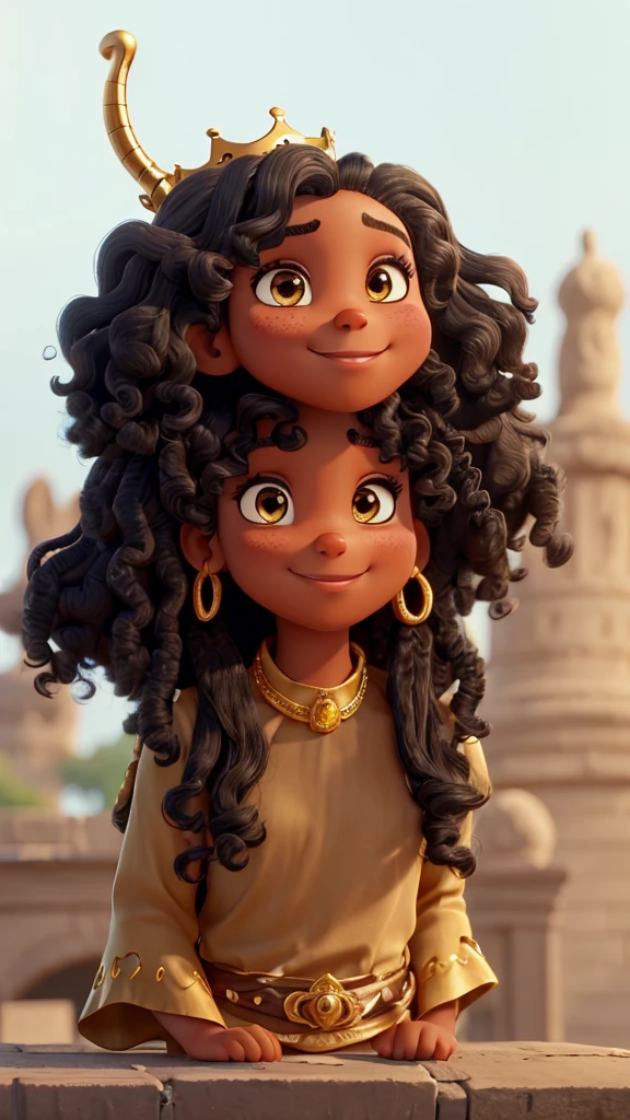  with big, curly black hair wearing a golden crown smiling at the camera, her eyes are the color of jabuticabas  