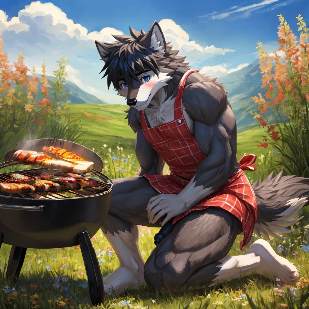 (masterpiece, 4K, ultra detailed), wolf furry, dark gray fur, white belly fur, messy haircut, masculine, meadow, grill, muscular, shy, scream, anime, teenage, single, naked, cumshot, huge load of cum, dark penis, balls, blue eyes