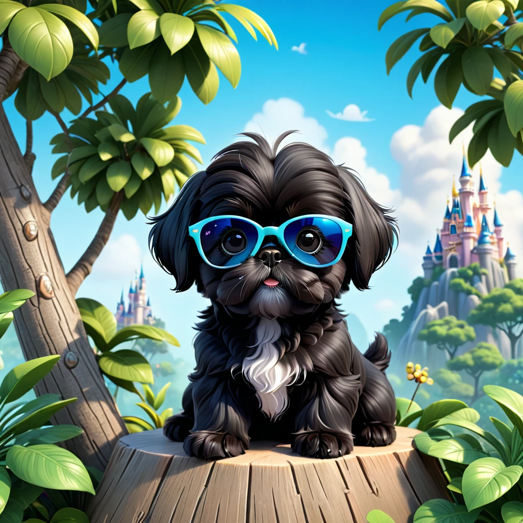 2 Adorable small black Shih Tzu puppies wearing sunglasses climbing trees Disney background 3d cartoon 3d render disney pixar style