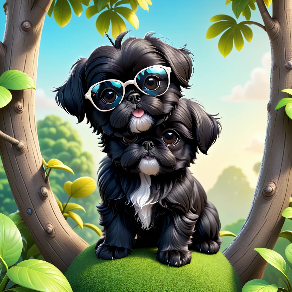 2 Adorable small black Shih Tzu puppies wearing sunglasses climbing trees Disney background 3d cartoon 3d render disney pixar style