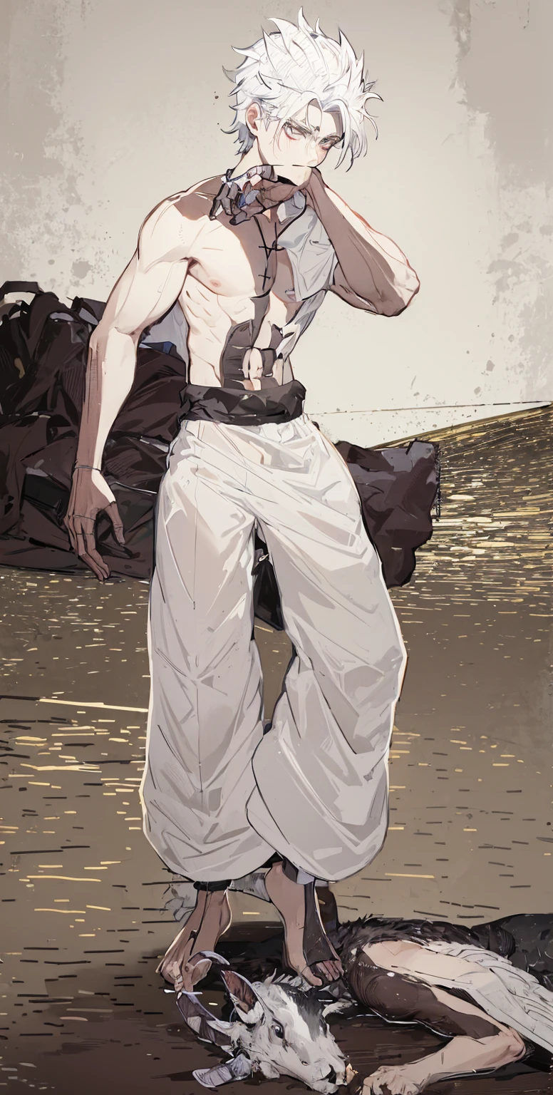 boy, Christian, white hair, wounded and scratched body, completely torn clothes, the boy would be stepping on a demon in the shape of a goat