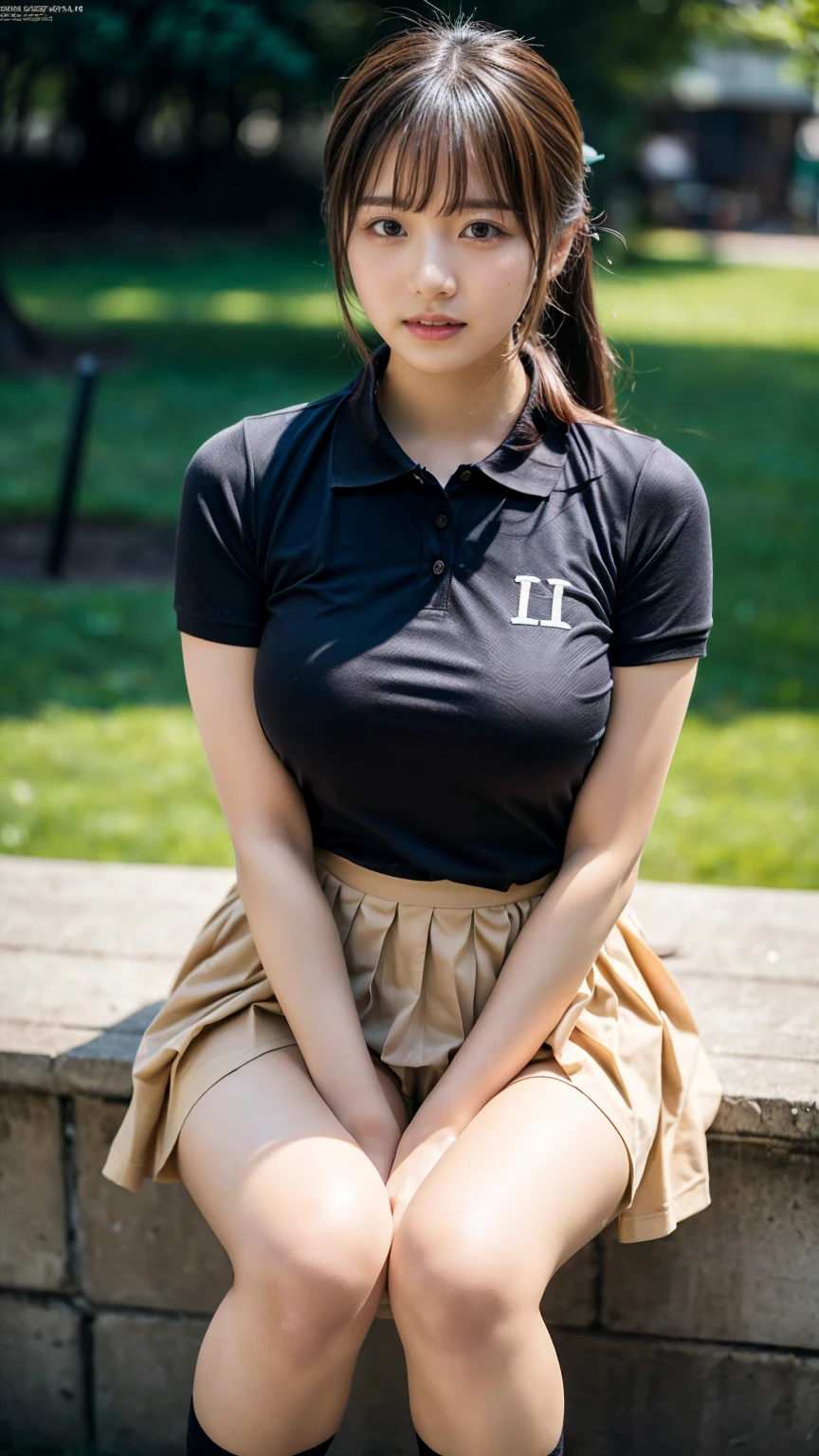 (8K, RAW Photos, Highest quality, masterpiece:1.2), (professional photography, full colors, studio-caliber color grading), (Gravure quality for high-end fashion magazines), close up, BREAK,18 year old girl,(perfect long ponytail:1.1), crying a little, Harajuku style, Big Natural Color Lip, (Plumpy body (smooth skin.1 (huge breasts.2), (expresses the roundness and softness of the chest area..1),  BREAK (Polo shirt with collar), pleated skirt, full body photo、focus on crotch,