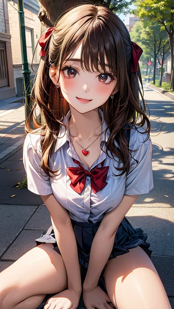 ((Highest quality, High resolution, masterpiece, detailed)),
View your audience, Written boundary depth, Anatomically correct, １people, female, Perfect Face, Cute and symmetrical face, Shiny skin,
(Medium Hair, Blonde), Chestnut brown eyes, Long eyelashes, (Large Breasts:0.8),
Beautiful details, Beautiful Hair, Beautiful Face, Beautiful clavicle, Beautiful body, Beautiful breasts, Beautiful thighs, Beautiful feet,
(Collared shirt, Blue pleated skirt, Red bow tie, Heart Necklace, Sexy Lingerie),
(Beautiful views), evening, walk, Tree-lined street, (Cute Smile), Spread your legs, Skirt Lift,