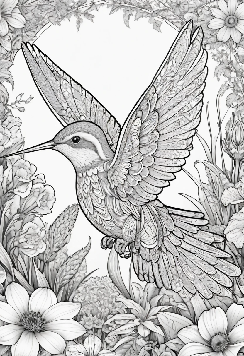 black and white, coloring book, Hummingbird sitting on a flower, on a natural background, beautifully detailed flowers suitable for coloring books. Kolibřík je zobrazen se detaily, vivid colors and high-resolution quality, which immerses the audience in the scene. only detailed large flowers, nothing blurred or background blurred, all lines so that they can be painted well