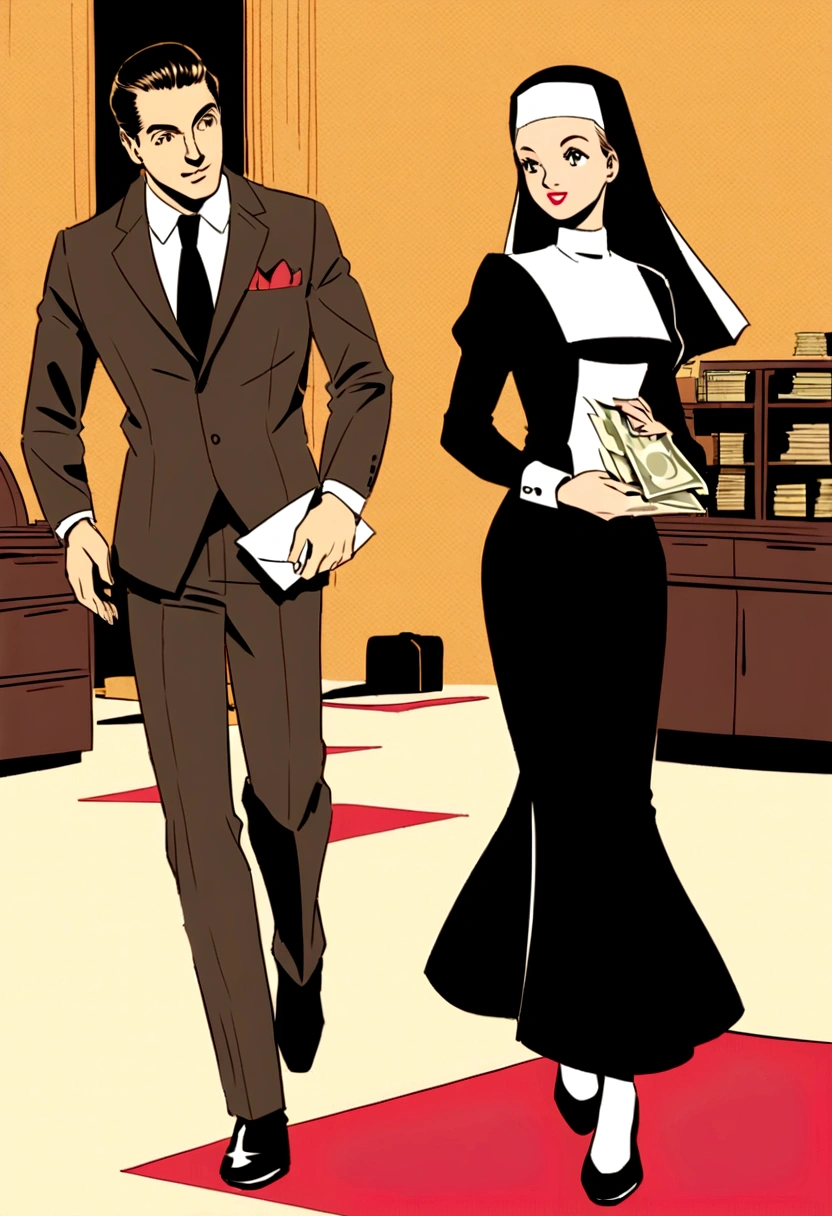 Create a vintage illustration of a businessman handing an envelope of cash to his young employee in a classic 1940s-1960s office. The entrepreneur, nun dress. Use colors and elements typical of the time to create a nostalgic and retro atmosphere.