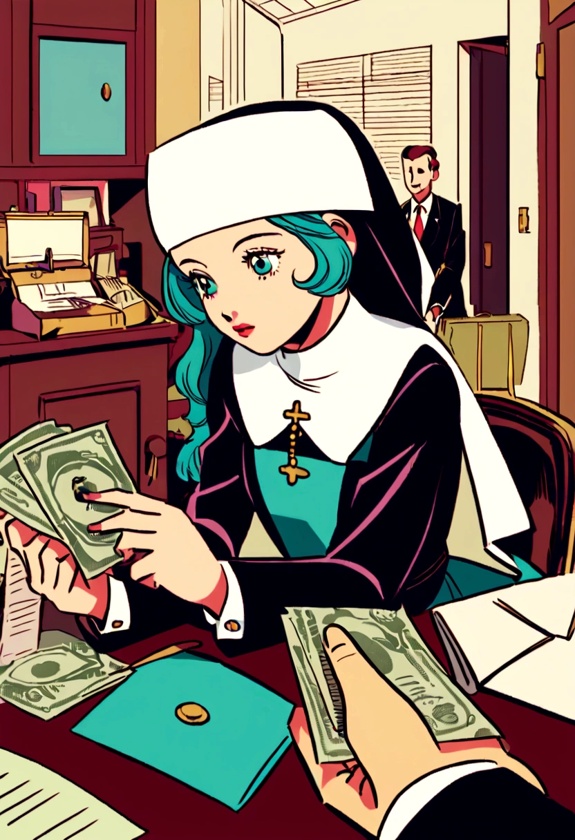 Create a vintage illustration of a businessman handing an envelope of cash to his young employee in a classic 1940s-1960s office. The entrepreneur, nun dress. Use colors and elements typical of the time to create a nostalgic and retro atmosphere.
