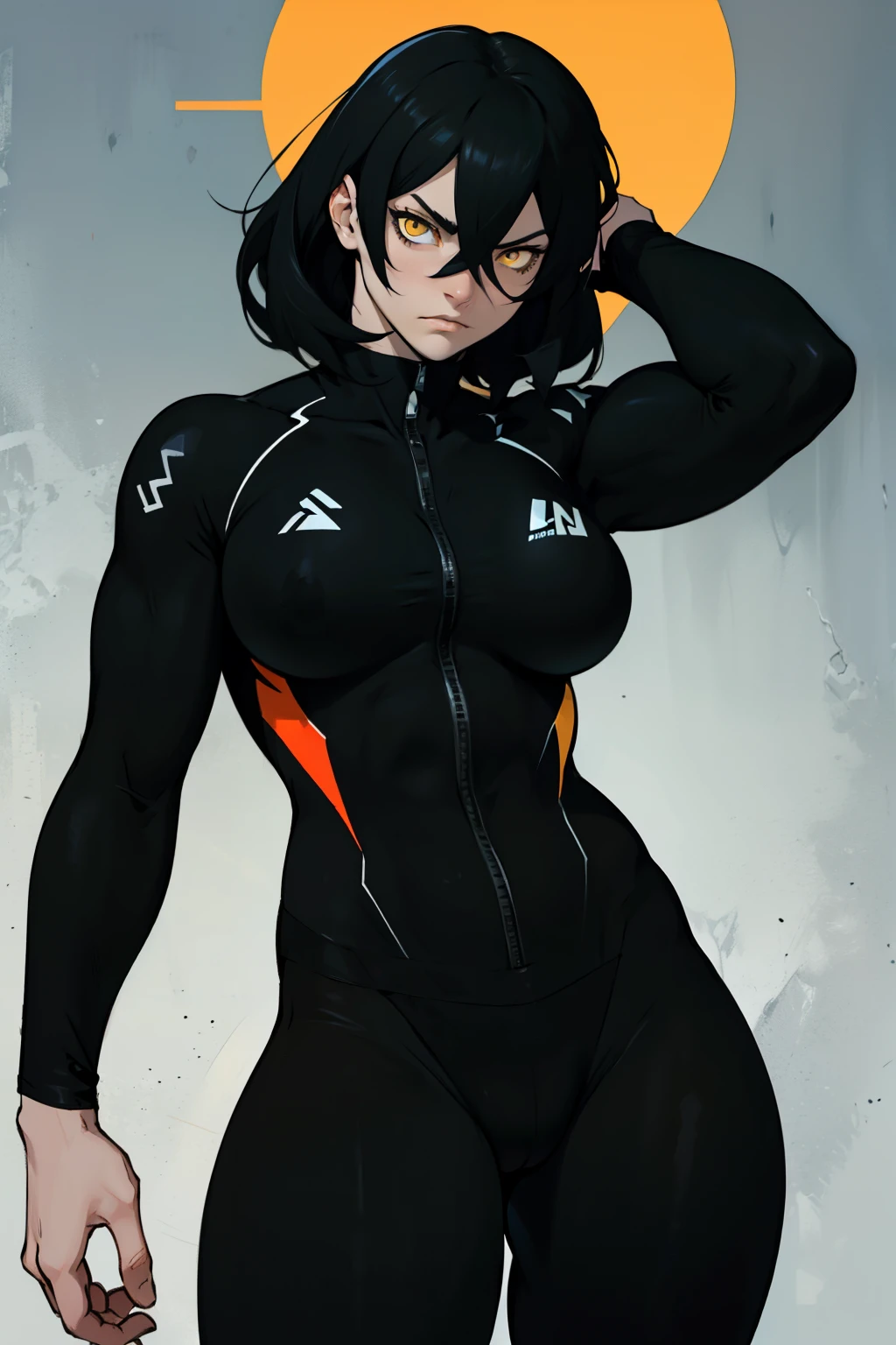 pale angry muscular girl thick breast black hair yellow eyes hair between eyes ((((full black spandex suit))))