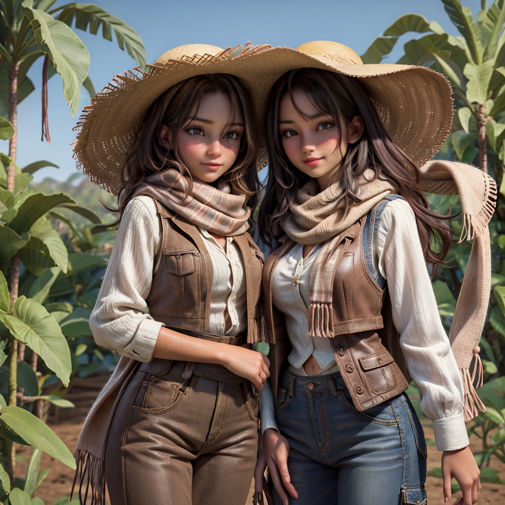 portrait of beautiful women in muddy farm:1.2 , cowboy hat, fringed waistcoat , trousers, scarf , confidence , medium breast,