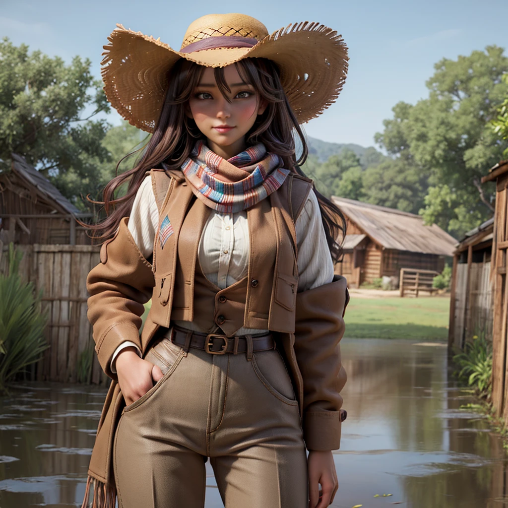 portrait of beautiful women in muddy farm:1.2 , cowboy hat, fringed waistcoat , trousers, scarf , confidence , medium breast,