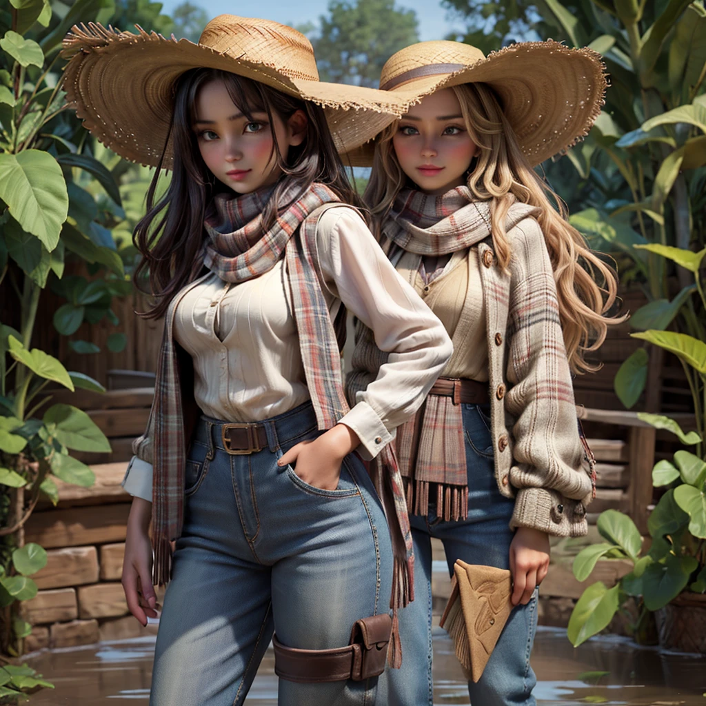 portrait of beautiful women in muddy farm:1.2 , cowboy hat, fringed waistcoat , trousers, scarf , confidence , medium breast,
