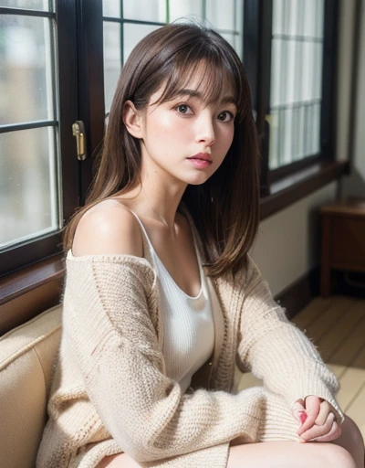 Highest quality, Face Focus, Soft Light, Ultra-high resolution, (Realistic:1.4), RAW Photos, 1 Japanese girl, alone, cute, (pupil, Light in your eyes), Beautiful face in every detail, (Small box),(High resolution detail of human skin texture), ( With straight hair、Length on the shoulder。The hair is neatly arranged、Has a natural shine), Natural Makeup。Light pink lips and light blush、Keep eye makeup minimal,Bright living room。Large windows let in natural light、The white curtains are swaying, White blouse and beige cardigan、Knee-length skirt。Wearing loafers with a simple design, (Portraiture)