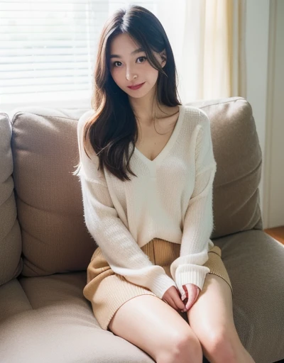 Highest quality, Face Focus, Soft Light, Ultra-high resolution, (Realistic:1.4), RAW Photos, 1 Japanese girl, alone, cute, (pupil, Light in your eyes), Beautiful face in every detail, (Small box),(High resolution detail of human skin texture), ( With straight hair、Length on the shoulder。The hair is neatly arranged、Has a natural shine), Natural Makeup。Light pink lips and light blush、Keep eye makeup minimal,Bright living room。Large windows let in natural light、The white curtains are swaying, White blouse and beige cardigan、Knee-length skirt。Wearing loafers with a simple design, (Portraiture)