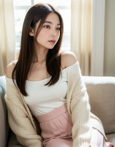 Highest quality, Face Focus, Soft Light, Ultra-high resolution, (Realistic:1.4), RAW Photos, 1 Japanese girl, alone, cute, (pupil, Light in your eyes), Beautiful face in every detail, (Small box),(High resolution detail of human skin texture), ( With straight hair、Length on the shoulder。The hair is neatly arranged、Has a natural shine), Natural Makeup。Light pink lips and light blush、Keep eye makeup minimal,Bright living room。Large windows let in natural light、The white curtains are swaying, White blouse and beige cardigan、Knee-length skirt。Wearing loafers with a simple design, (Portraiture)