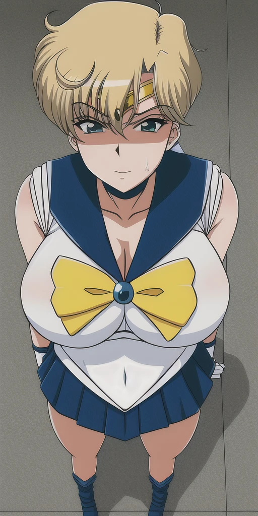 rei, makeup, pink eyeshadow, blue hair, rei hair, short hair, miniskirt, beautiful, (masterpiece:1.2), (best quality:1.2), perfect eyes, perfect face, perfect lighting, 1girl, cropped legs, curvy, Sailormoon outfit, exposed midriff, white crop top, Chest bow, long gloves, White Thigh-highs, choker, hand on hip, huge breasts, smile, solo, thick thighs, Point of view from below, Can be seen under mini skirt, Exposed panties, showing panties and super tight thong