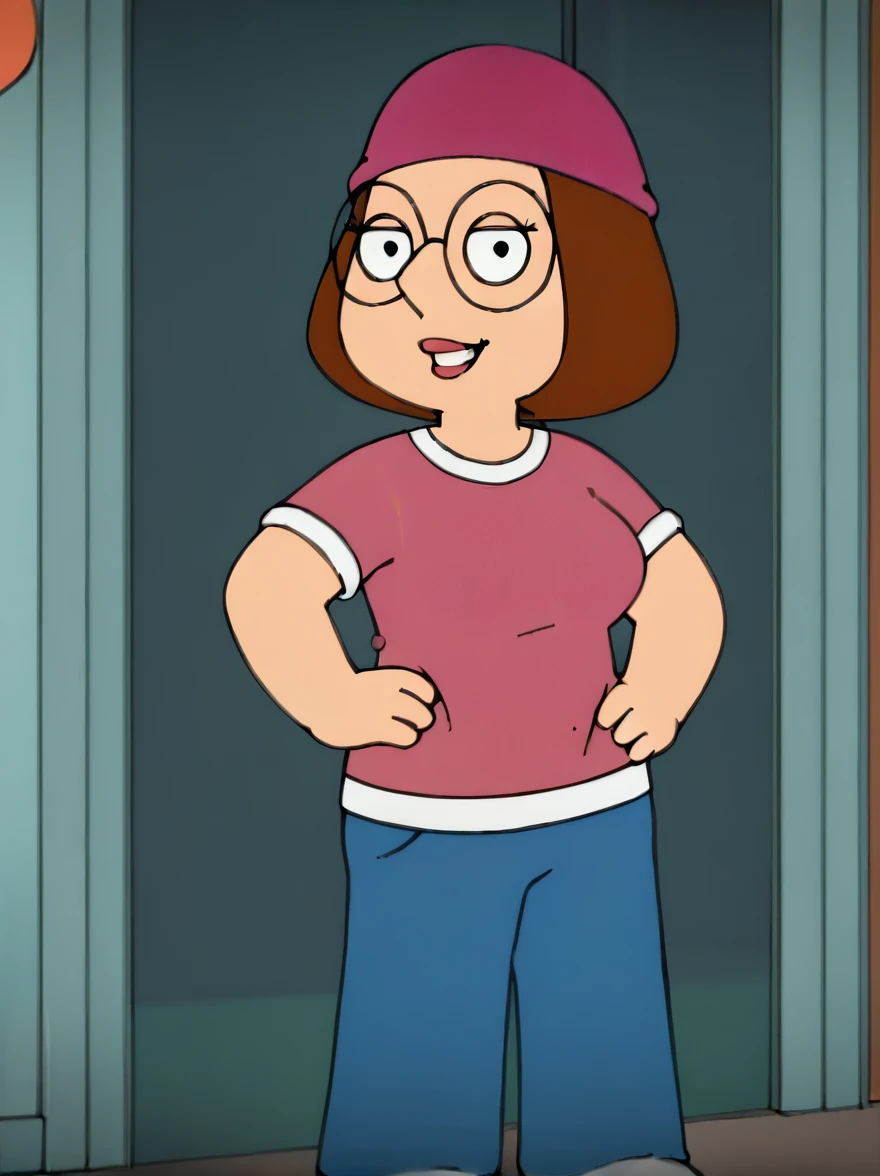 meg, brown hair, 1girl, glasses, solo, short hair, flat color, blue pants, beanie, pink shirt,standing, hand on own hip, looking at viewer, smile, score_9, score_8_up, score_7_up, score_6_up, score_5_up, score_4_up, large breasts