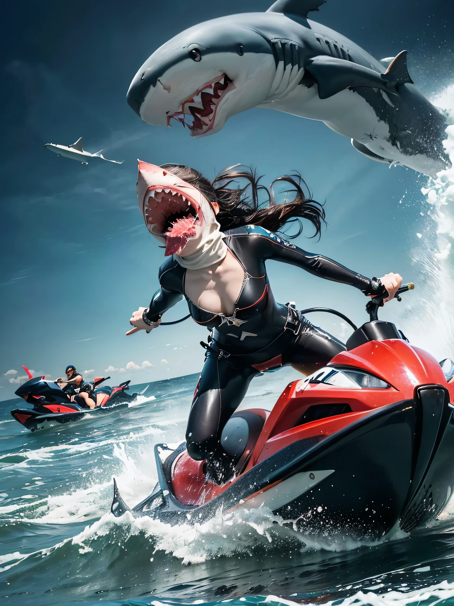 high seas, ((Very high waves,Raging Sea, A woman riding a jet ski through high waves:1.2, Tight bodysuit,Great proportions of 8 heads)), ((Dynamic standing riding pose)), (Dynamic Angle, A thrilling escape,Heavy water splash,The engine roars), (((A huge shark approaches with its mouth wide open, Ready to swallow she:1.2))), (Full throttle escape), If they catch up with me, I&#39;Being eaten, (Hurry hurry hurry) , ((she and the shark are very Near)), ((she&#39;enjoying,I truly love this thrill.,If you can catch up, Trying to catch up,The expression is full of confidence)), (1 screen), (Highest quality,4K,8K,High resolution,masterpiece:1.2),Very detailed,(Realistic,photoRealistic,photo-Realistic:1.37), (Perfect Anatomy), (Perfect finger to thumb ratio), (Symmetrical face), (Detailed depiction of the ocean surface), 