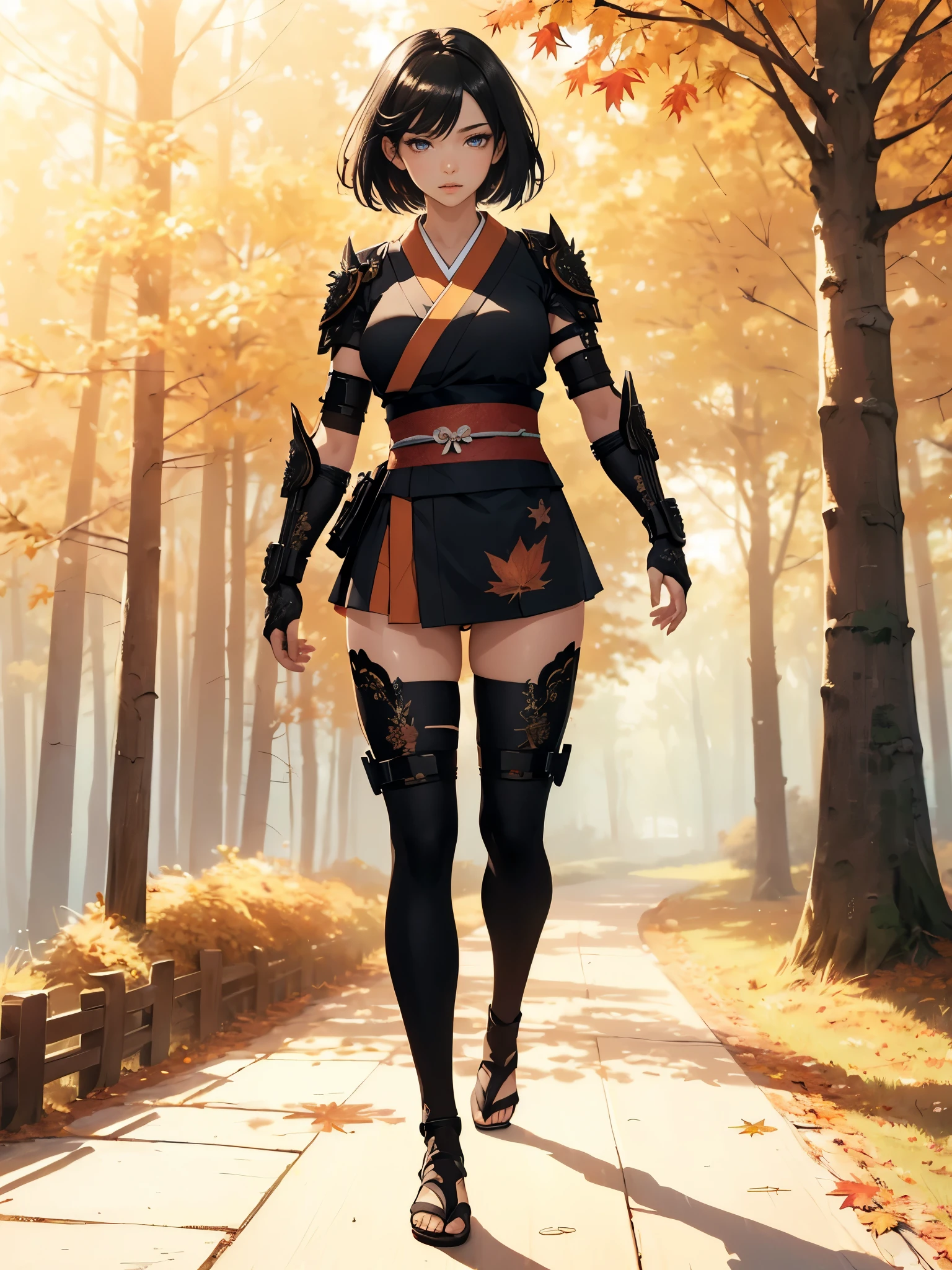 ((1girl, solo)), beautiful body, (perfect anatomy, perfect body, perfect hands, perfect legs), (five fingers:1.5), natural proportions, sexy body, (large breasts:1.3), cowboy shot BREAK 

((extremely detailed face)), (beautiful detailed eyes:1.6), (realistic pupils, realistic iris:1), expressive eyes, looking at viewer, (clear eyes:1.3), (hyperrealistic:1.2), (detailed skin texture:1.2), smooth skin, (black hair:1.5), (red eyes), (short hair:1.3), (detailed lips:1.2), (attractive lips:1.1), (glossy lips:1.1), (parted lips), perfect face, perfect eyes BREAK

samurai, japanese clothes, (short kimono:1.5), puffy short sleeves, sash, black elbow gloves, fingerless gloves, (arm guard:1.5), thighs, black thighhighs, ass visible through thighs, skindentation, shimenawa BREAK

outdoors, (autumn season:1.5), (torii gate), east asian architecture, (forest:1.5), (tree:1.4), stone path BREAK

(masterpiece:1.5), anime-style, top quality, best quality, (beautiful and aesthetic:1.2), (ultra detail:1.5), Ultra-detailed depiction, Ultra-precise depiction, extremely detailed 8k illustration, high resolution, (highly detailed shading:1.2), (realistic lighting:1.4), perfect lighting, vibrant colors, dynamic tones, striking hues, 8k, absurd resolution, perfect shadows, hdr, UHD, ambient lighting, realistic, ultra-realistic, photo realistic, highly detailed, rich detail, luminous colors, fine texture, intricate design, professional illustration, (soft light:1.2), (illustration:0.7)