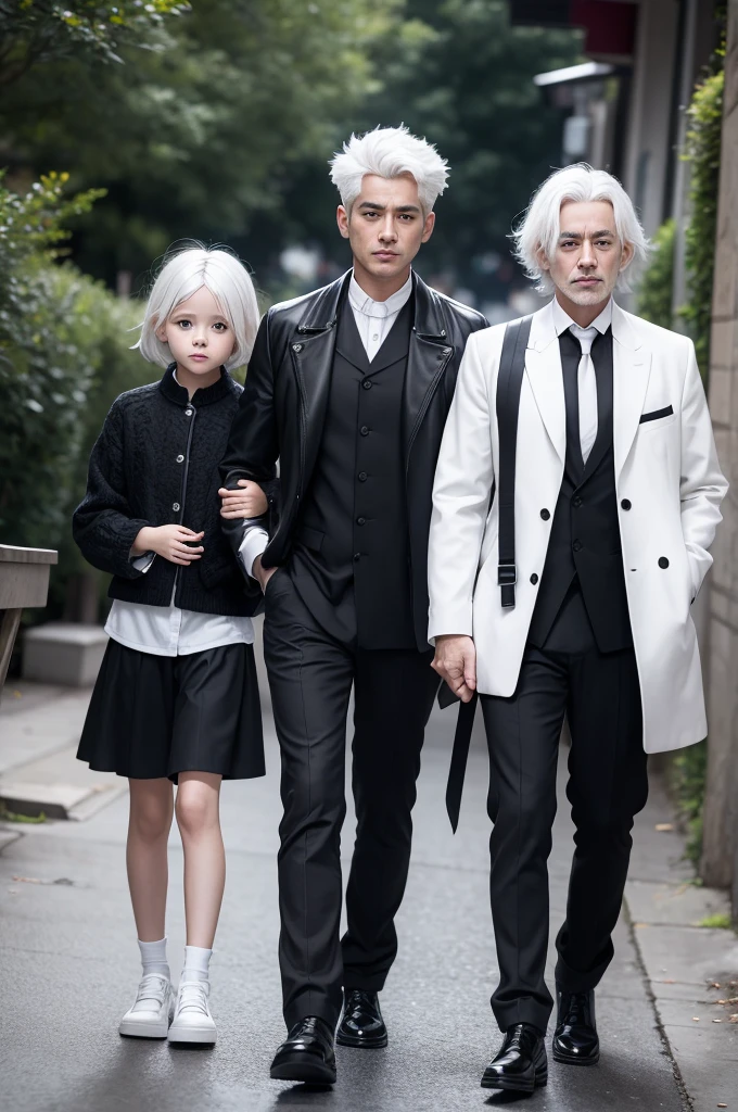 two children with black hair and a man with white hair