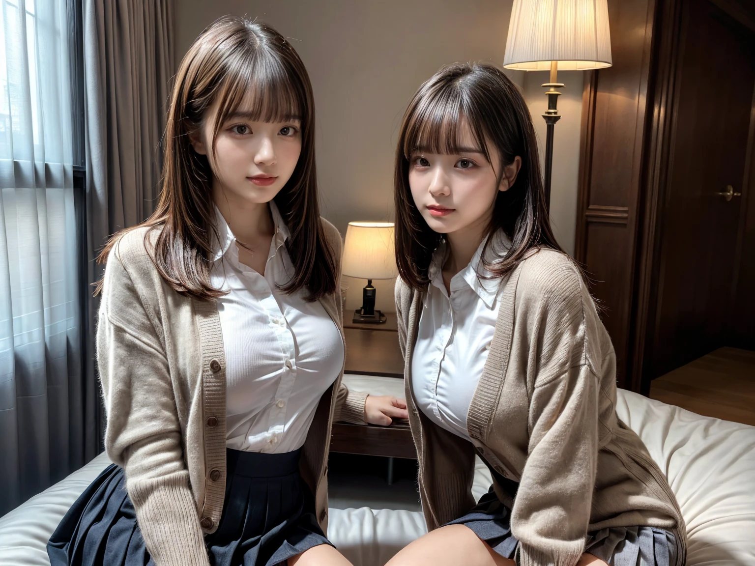 (RAW photo, 4k, masterpiece, high resolution, extremely complex) (realistic: 1.4), 
 ((2 girls)),,blushing,((innocent)),bright eyes,round eyes,blunt bangs,(straight hair:1.3),black hair,medium breasts,wide hips,, 15 year old girl、cute type、ta, (Best Quality), (Highres), (an Extremely Delicate and Beautiful),(Beautiful 8k face),(Brown eyes),short bob hair,( spectators),(medium breasts),(Play with each other,Touching each other's bodies,Touching the body), (detailed cloth texture, long sleeves light brown cardigan:1.2, white collared shirt, light grey pleated skirt), white thigh-high, dark red tie, (reality),bright lighting,(The background is a luxury hotel room)
