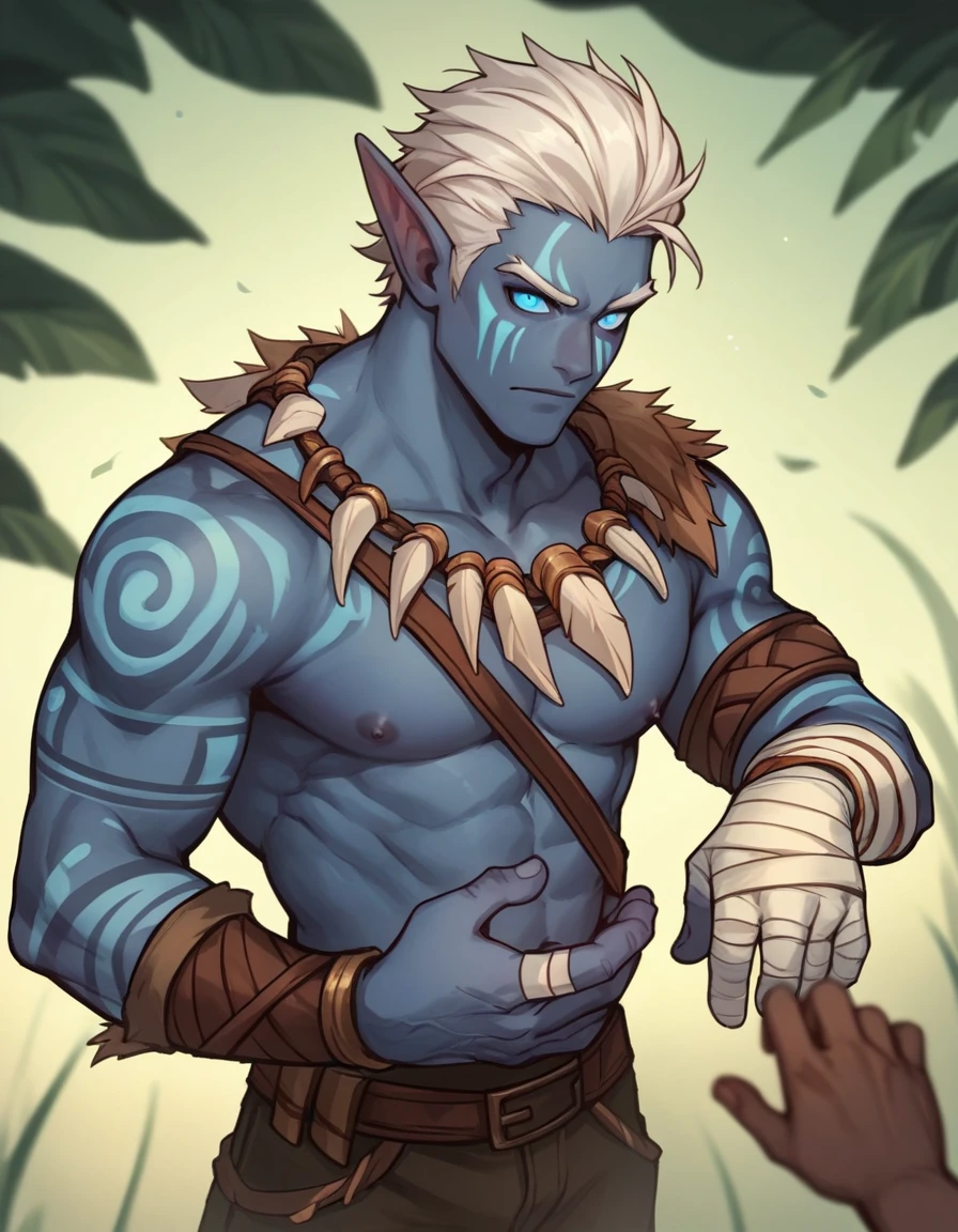 score_9, score_8_up, score_7_up, score_6_up, score_5_up, score_4_up, 11boy, Yone, League of Legends, hrstlxks style , dark elf Male, tribal tattoos ,Pants ,BLUE pupils, Bandage on hands