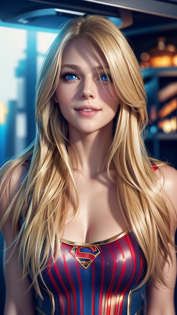 The character Supergirl, perfect costume, shiny blue eyes, extremely beautiful blond hair, beautiful smile , perfect anatomy and extremely beautiful face 