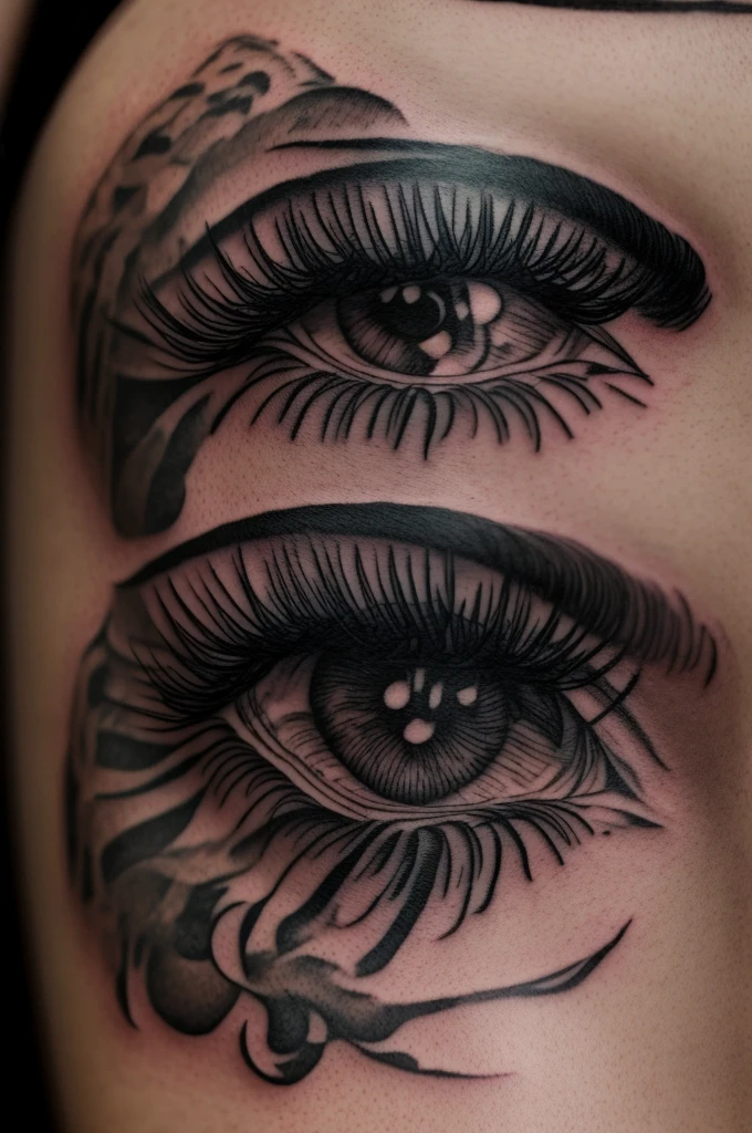 Tattoo sketch, close-up, scull, burning eyes, eyelashes