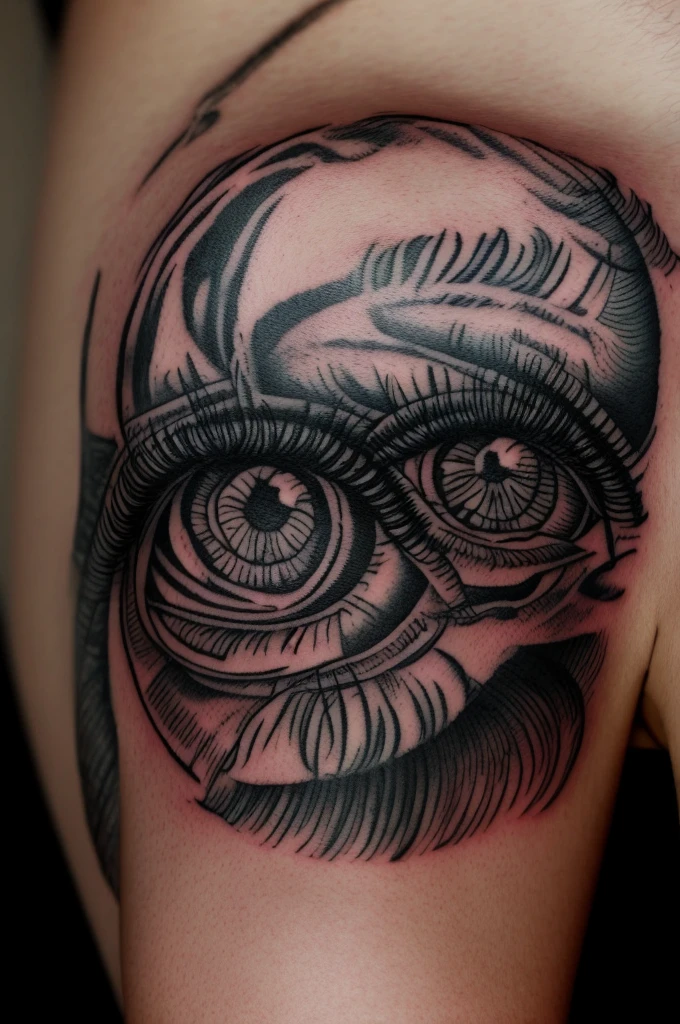 Tattoo sketch, close-up, scull, burning eyes, eyelashes