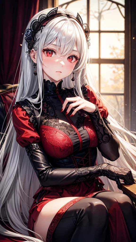 A young woman with long, flowing silver hair and piercing red eyes sits with her chin resting on her hand, gazing thoughtfully at the viewer. She is dressed in a red and black outfit with intricate details and a touch of lace, giving her a sophisticated and mysterious air. The lighting is warm and soft, highlighting her features and creating a sense of intimacy.

[Anime style, detailed and realistic, inspired by the works of Mihoyo and Pixiv artists], [soft lighting, warm colors, smooth textures, slight blur effect on the background, shallow depth of field]