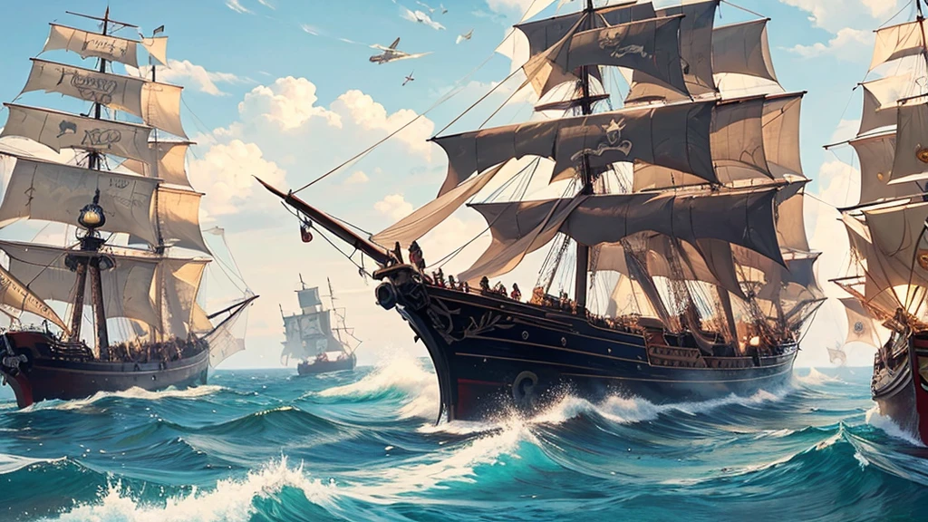 pirate ship sailing and in combat, pirate ship in battle, Masterpiece, artwork