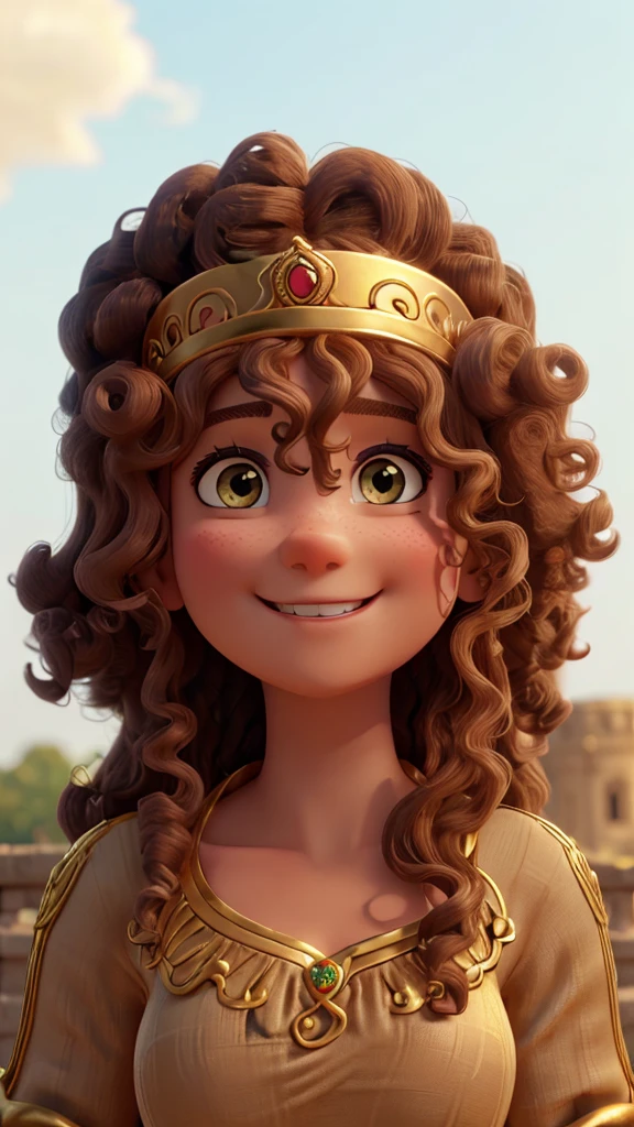 with big, curly hair, wearing a golden crown, smiling at the camera, her eyes are the color of jabuticabas
