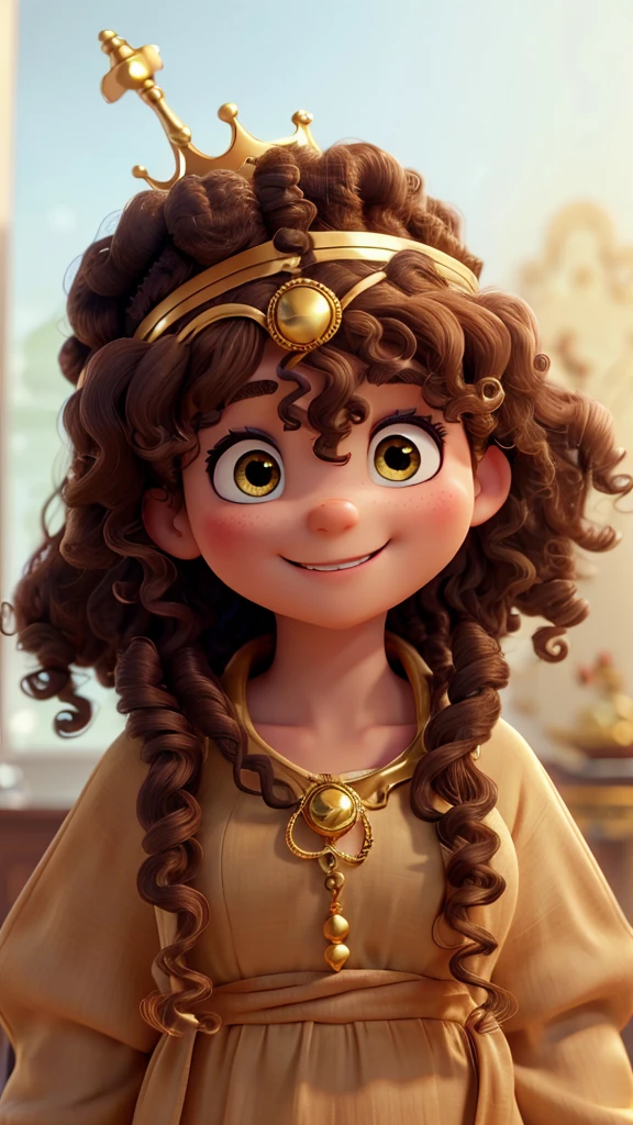 with big, curly hair, wearing a golden crown, smiling at the camera, her eyes are the color of jabuticabas