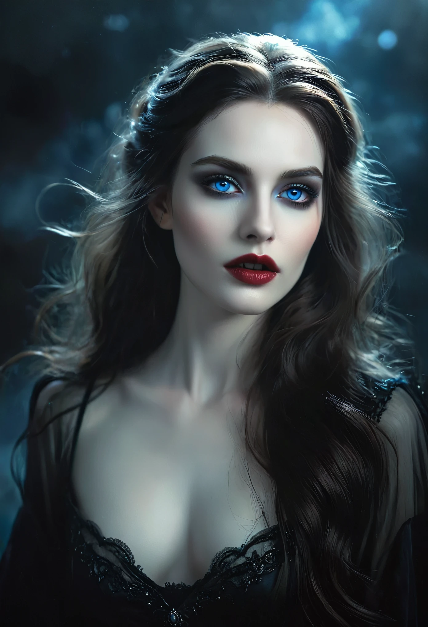 (masterpiece), ultra-realistic, portrait of a beautiful pale skinned vampire, black enamel, light makeup, bright blue eyes, dark and gloomy environment, detailed facial features, dramatic lighting, moody atmosphere, cinematic composition, photorealistic, high contrast, chiaroscuro, dark fantasy, gothic style, (She is half French, and is a stunning beauty with detailed eyes and a high nose:1.1), thick eyebrows, detailed facial features, long graceful neck, flowing locks of hair, poised and elegant posture, dreamy atmosphere, Surrealism, mystical aura, Charlie Bowater, Long canines visible from lips