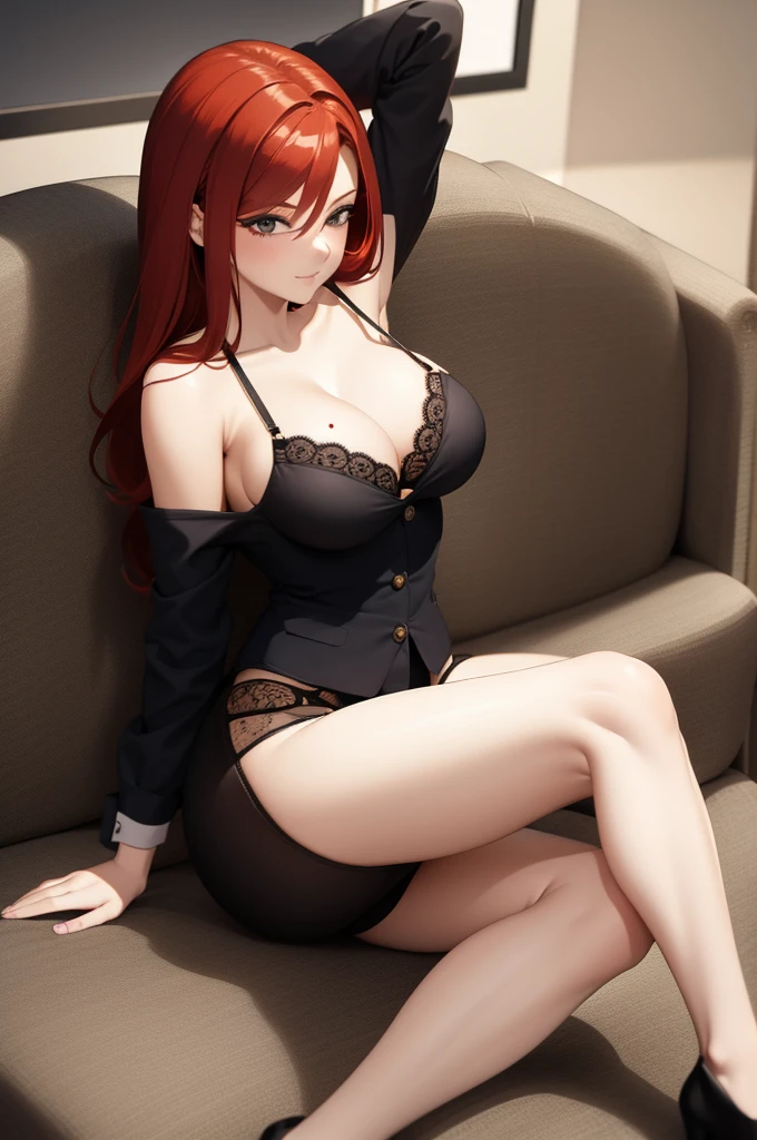 redhead, busty, teacher, mole under the eye, wide, Free hair, neckline, lingerie, legs open, panties, sitting, coquette, ultra high quality, pieza teacher,
