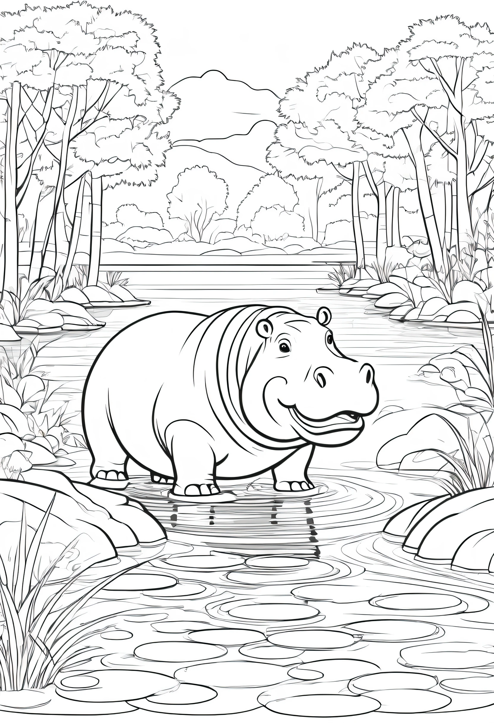coloring page for kids, hippo in the water with trees along side on the banks of the water, cartoon style, thick lines