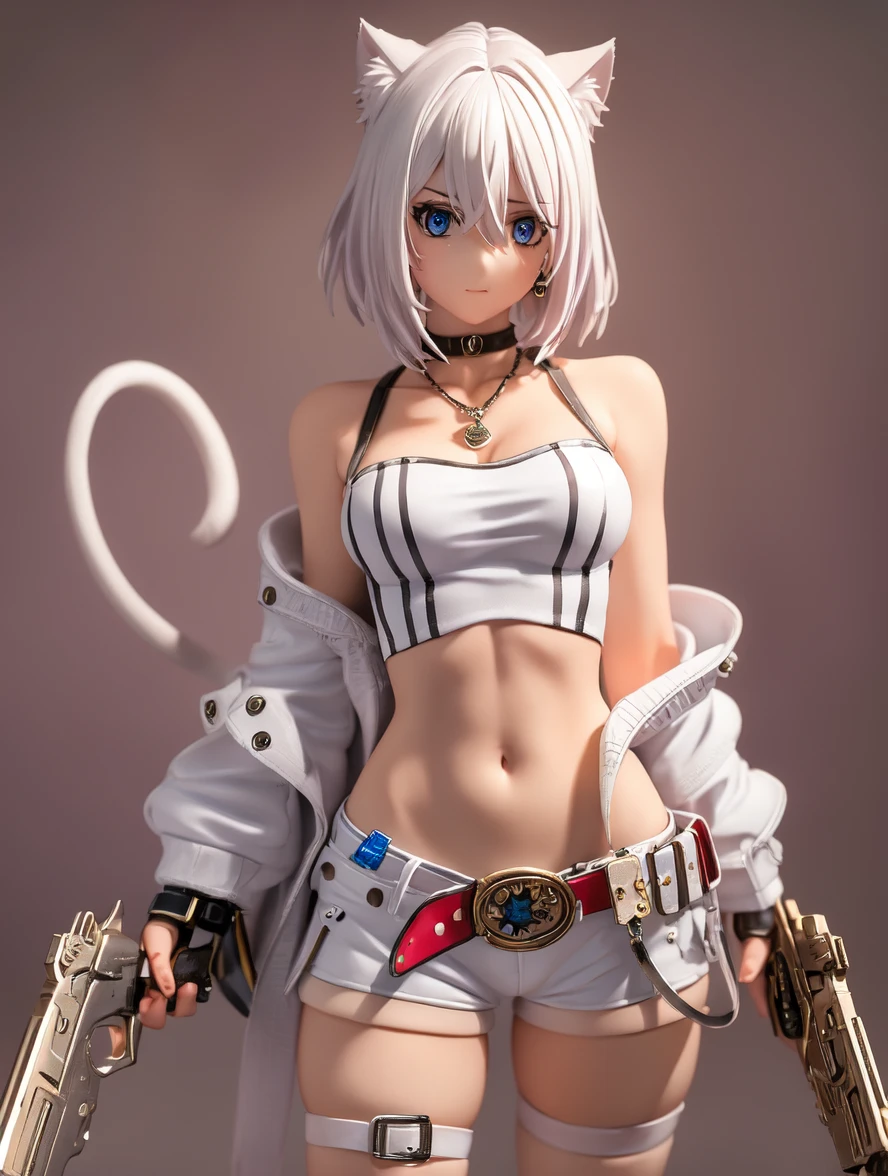 baiyuekui,solo,full body,gray fur cape,single thighhigh,thigh strap,asymmetrical legwear,black shorts,boots,black footwear,belt,high heels,
outdoors,War ruins,
white hair,short hair,
(masterpiece,best quality,ultra_detailed,highres,absurdres:1.2),(photorealistic:1.4),