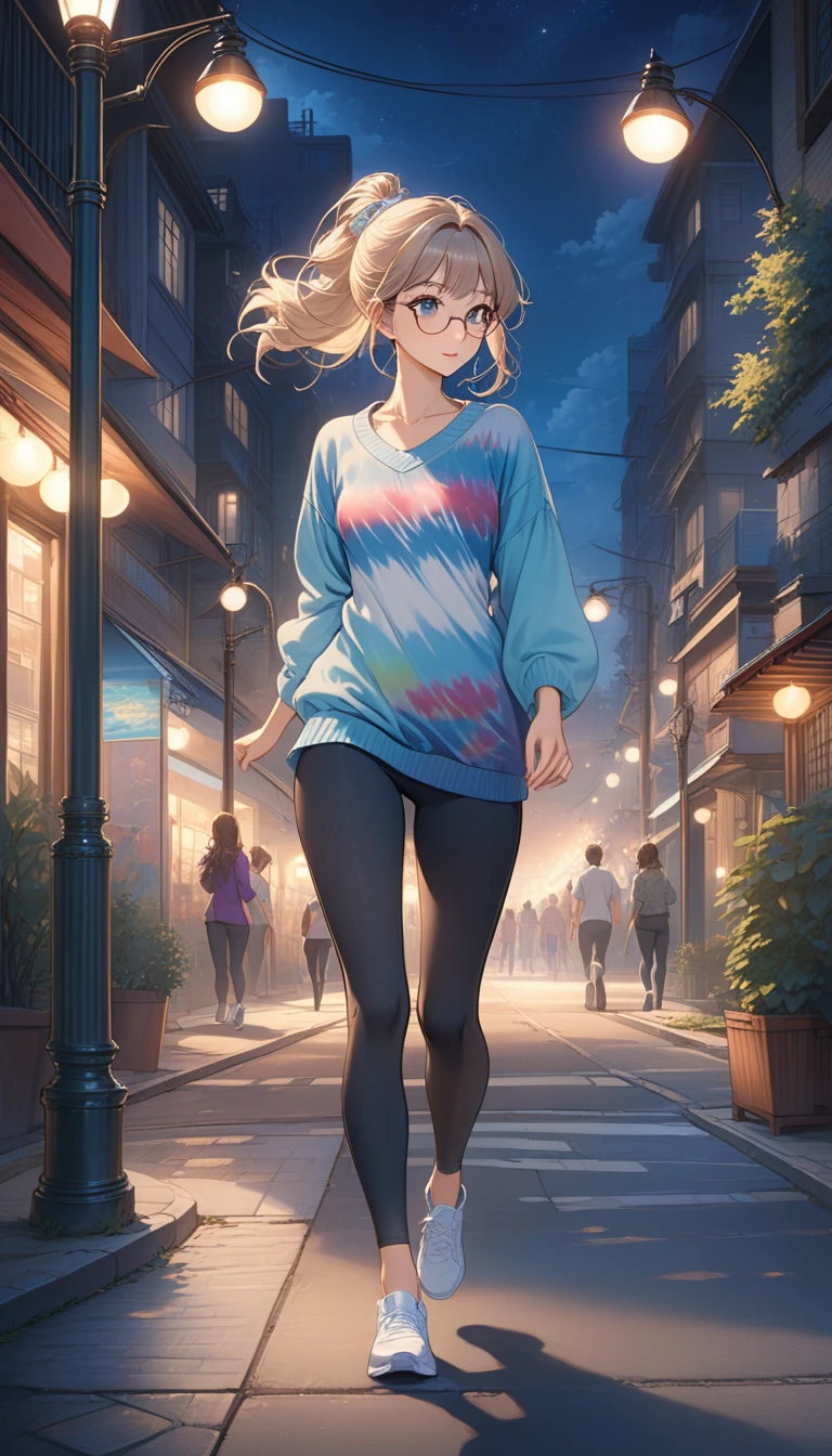 best quality, masterpiece, light, complex, cinematic detailed Practical background, Delicate face, whole body, Small Breasts, Practical, Clear lines, , , 1 girl jogging, city View, night, Tie-Dye Shirt, Looking at the audience, Tattoo, Model pose, Cardigan sweater, The eyes have rings, Street Lights, lamp post, Yoga Pants, Variegated hair, Glasses,, ,  