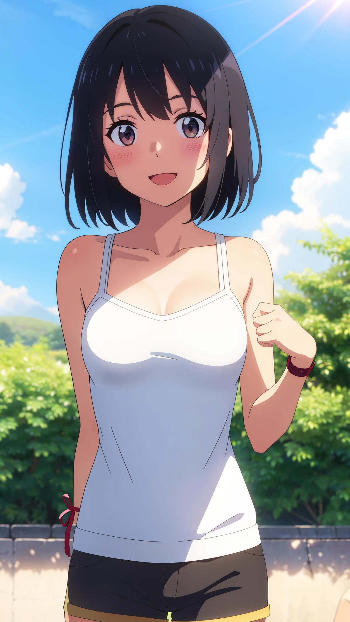 shinkai makoto, kimi no na wa., 1girl, bangs, black hair, blush, bright eyes, brown eyes, looking at the viewer, red headband, casual clothes, white shirt, black shorts, bare shoulders, short hair, medium breasts, solo, summer day, outdoors, shinny skin, smile, :D, blue_sky, sunlight, summer_season, tree, upper body
