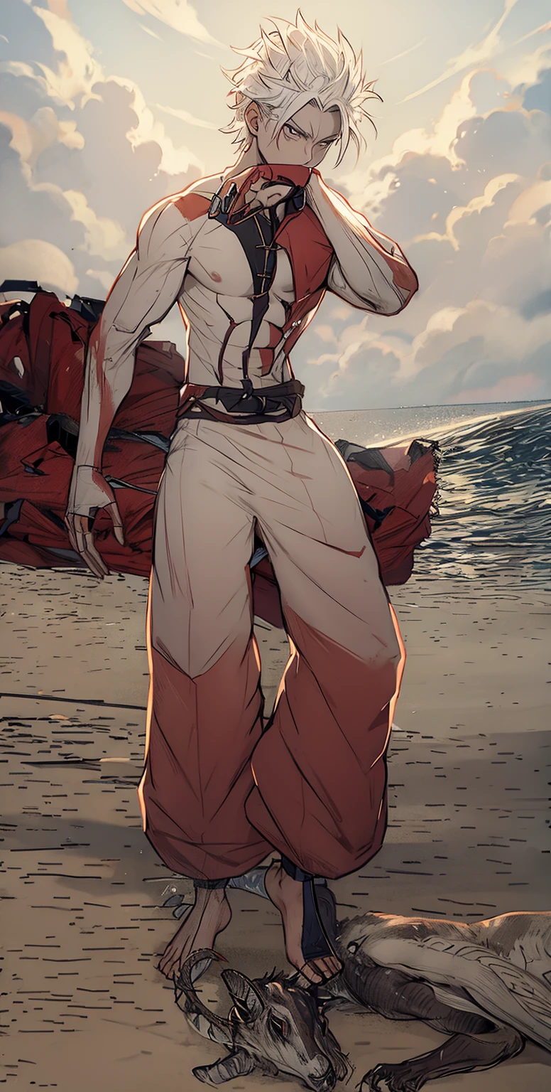 boy, Christian, white hair, wounded and scratched body, completely torn clothes, the boy would be stepping on a demon in the shape of a goat