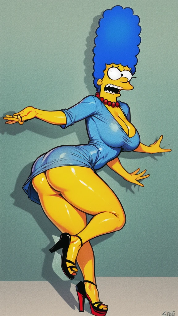 marge simpson, blue hair, red necklace, extra large , cleavaged skin, yellow skin, green short low-cut dress, angry, open-toe platform high heels, visible feet, thick butt