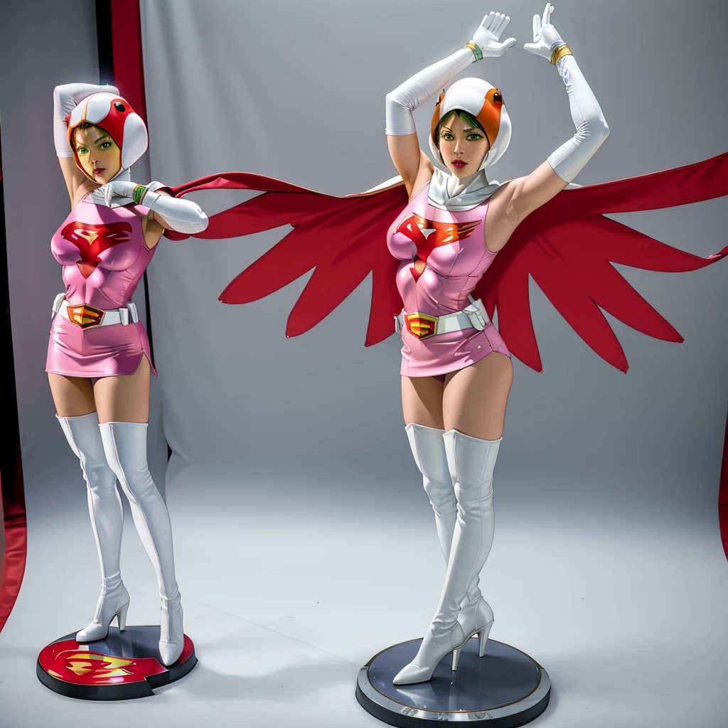 ANI_CLASSIC_jun_gatchaman_ownwaifu,1girl, 15 years old,good anatomy, masterpiece, best quality,realistic, hyperrealistic, 16k hdr,breasts,green eyes,lips,large breasts,lipstick,makeup,gloves,cape,helmet,belt,elbow gloves,white gloves,mask,ultra miniskirt,leotard,spacesuit,white tight overknee highheels boots,pink dress,superhero,bodysuit,cleavage,erected nipples,((standing pose,spread legs, arms up straight)),cameltoe