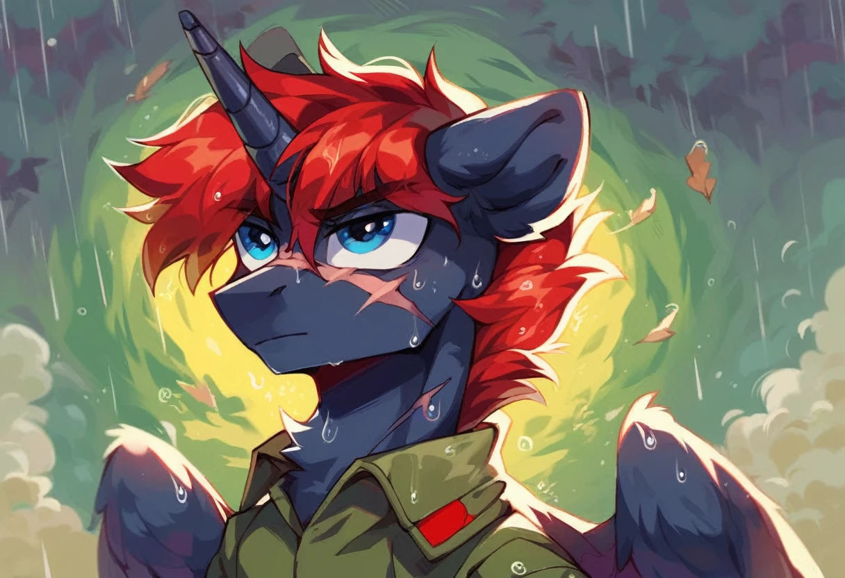 Male alicorn pony, black fur, long red hair, deep blue eyes, red feathers on wings, scar over left eye, red striping, vietnam-era helicopter pilot uniform, boonie hat, in a swamp, explosion in background, raining, wet hair, thousand-yard stare, close-up portrait