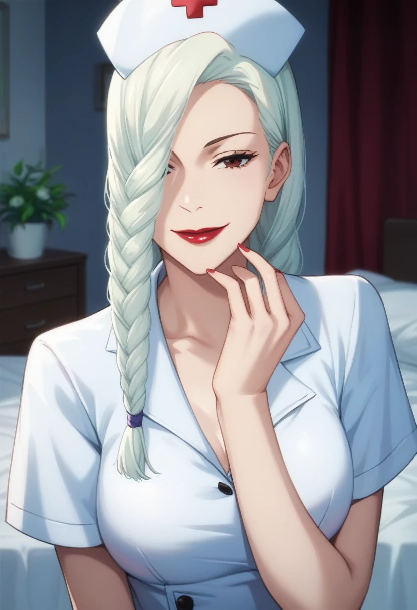 score_9, score_8_up, score_7_up, score_6_up, h1m3n0, 1girl, , mature female, Mei Mei , white braided hair, hair over one eye, red lips, latex bdsm white nurse uniform, seductive smile, highly detailed bedroom, standing in seductive pose