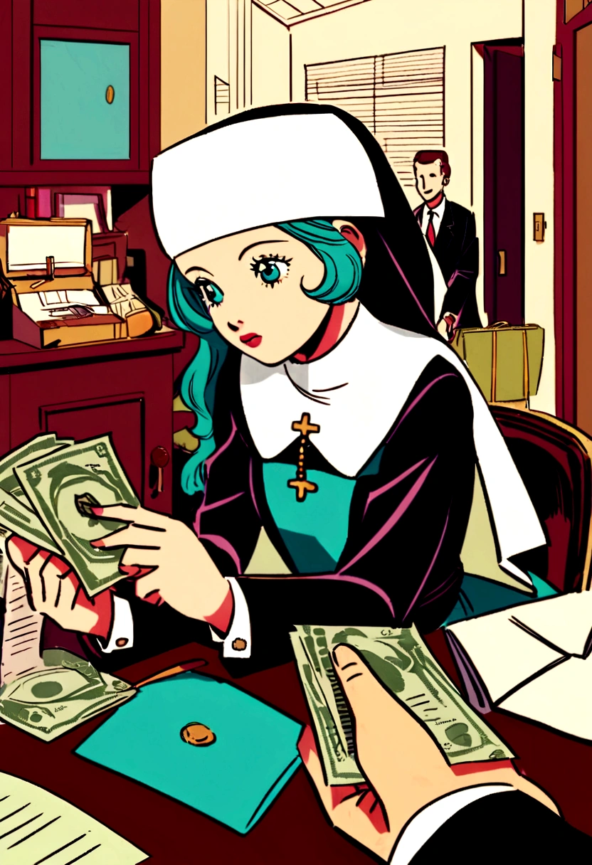 Create a vintage illustration of a businessman handing an envelope of cash to his young employee in a classic 1940s-1960s office. The entrepreneur, nun dress. Use black and white and typical elements of the time to create a nostalgic and retro atmosphere.