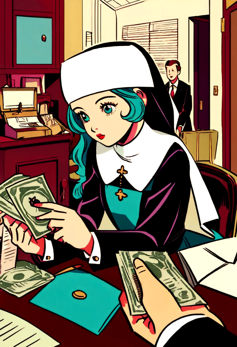 Create a vintage illustration of a businessman handing an envelope of cash to his young employee in a classic 1940s-1960s office. The entrepreneur, nun dress. Use black and white and typical elements of the time to create a nostalgic and retro atmosphere.
