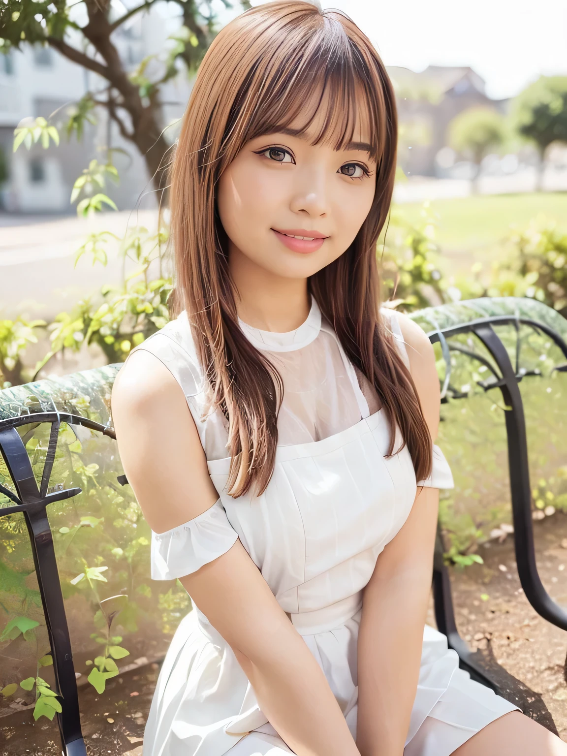1girl, woman, 25 years old woman, beautiful, beautiful face, Cute face, medium breasts, flirtatious look, ((very detailed)), (perfectly detailed face), looking at viewer:1.8, (1girl eyes looking at viewer:1.55), Upper body, Simple Background, Emphasis on the chest, Hands behind the body, hands behind head, hands behind head, smile, photorealistic image, girl in summer clothes, Plain costumes, White outfit, Park Bench, miniskirt, photorealistic, (bokeh), best quality, 8k, UHD, anatomically correct, textured skin