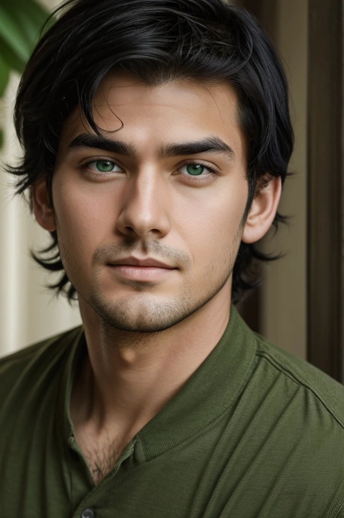 Adult boy looking forward, black hair and green eyes 