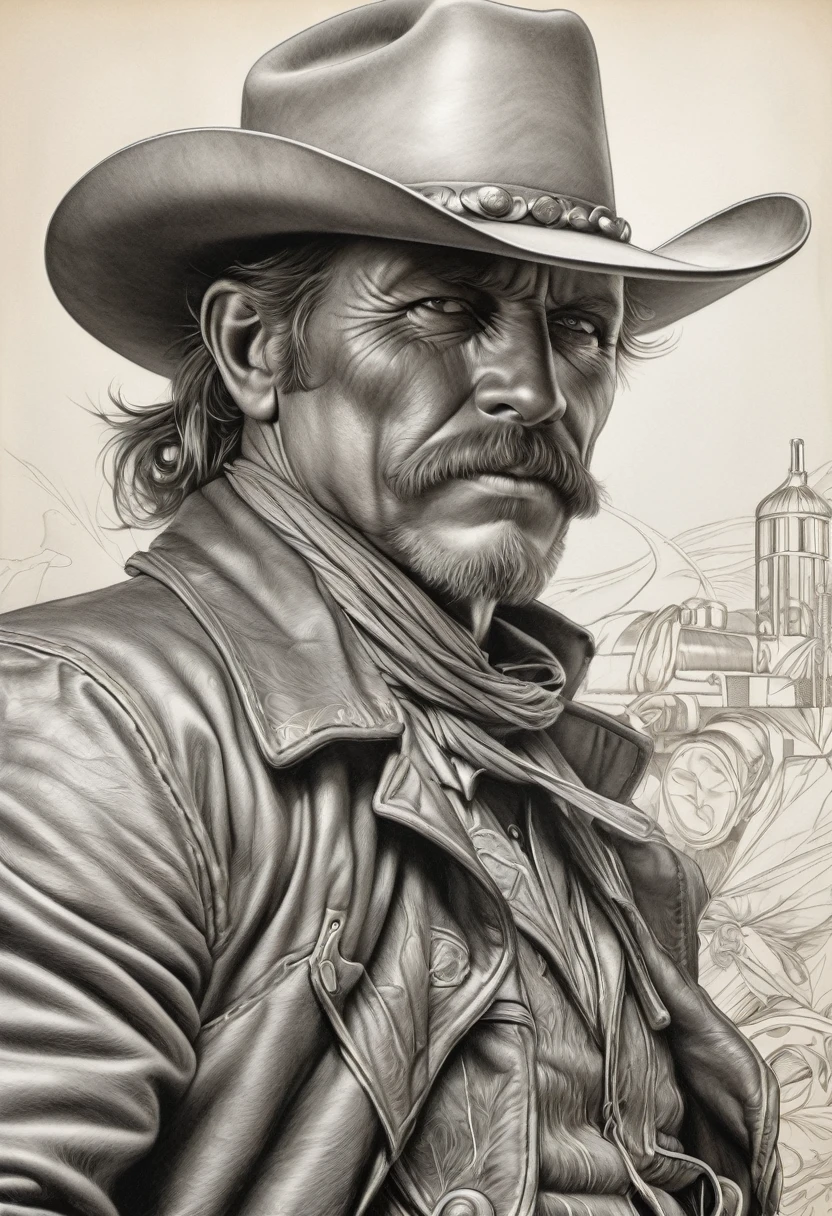 portrait of a cowboy], intricate lines, highly detailed, B&EM, monochrome, black and white, graphite, pencil painting, charcoal, (high contrast: 1.1), an Old West gunslinger with a determined appearance and a gun on his back . The image is inspired by stories from the old west, as if he were about to face a deadly duel. Colors should be vibrant and contrasting, like those of Alphonse Mucha. The details must be delicate and complex, like Mucha's. The lines should be thick and almost erased, like street art prints. The lines that delimit the shapes should favor thicker, straighter angles.