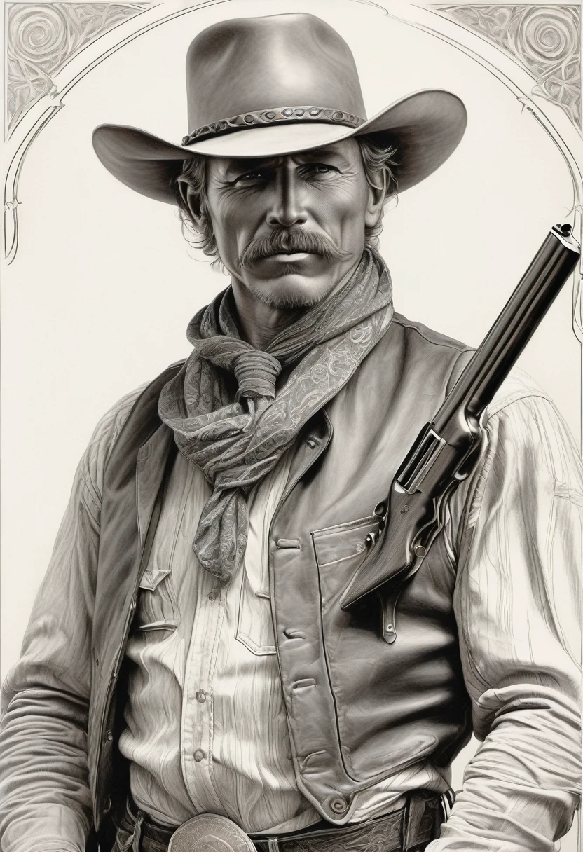 portrait of a cowboy], intricate lines, highly detailed, B&EM, monochrome, black and white, graphite, pencil painting, charcoal, (high contrast: 1.1), an Old West gunslinger with a determined appearance and a gun on his back . The image is inspired by stories from the old west, as if he were about to face a deadly duel. Colors should be vibrant and contrasting, like those of Alphonse Mucha. The details must be delicate and complex, like Mucha's. The lines should be thick and almost erased, like street art prints. The lines that delimit the shapes should favor thicker, straighter angles.