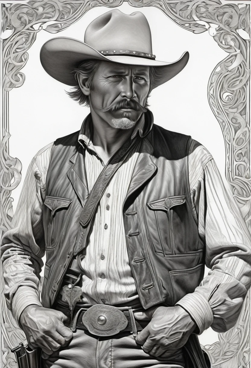 portrait of a cowboy], intricate lines, highly detailed, B&EM, monochrome, black and white, graphite, pencil painting, charcoal, (high contrast: 1.1), an Old West gunslinger with a determined appearance and a gun on his back . The image is inspired by stories from the old west, as if he were about to face a deadly duel. Colors should be vibrant and contrasting, like those of Alphonse Mucha. The details must be delicate and complex, like Mucha's. The lines should be thick and almost erased, like street art prints. The lines that delimit the shapes should favor thicker, straighter angles.