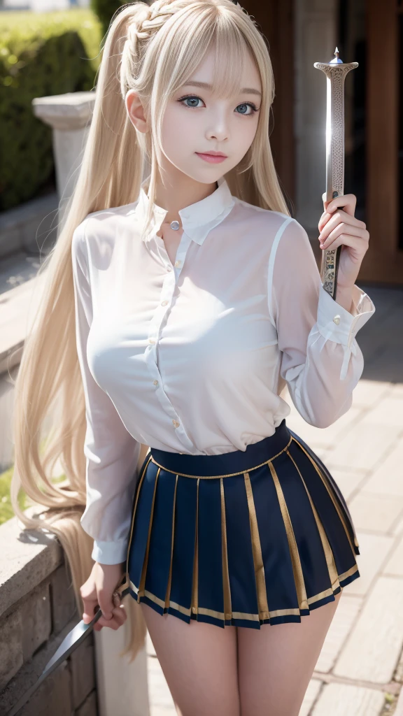 bright expression、braided pigtails、young and shiny white shiny skin、Best Looks、Gold reflects light、Platinum blonde hair,Shine brightly、Shiny light hair,、Super long silky straight hair、Beautiful bangs that shine、Big blue eyes that sparkle like crystal clear and charming、Very nice and lovely 25 year old woman with big breasts、Lush bust,Beautiful detailed eyes, Beautiful detailed nose,(( full bodyesbian:1.25)),Eyes emphasize makeup、((Mini pleated skirt,Multi-folded)),(A woman like Joan of Arc)、s Armor、Knights, With a sword and shield,Royal style, , Sub-surface scattering, ornate detail, nature backdrop, Hyper-realistic, Cinematic, Dramatic lighting, masutepiece、(((Fight with a sword in both hands)))、Fluffy, smiling woman, lipglos